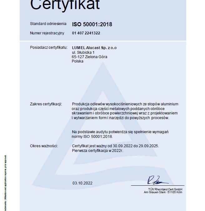 Lumel Alucast certyfikowany ISO50001:2018
