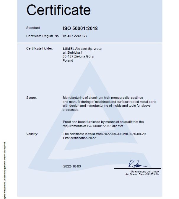 Lumel Alucast certified ISO 50001:2018